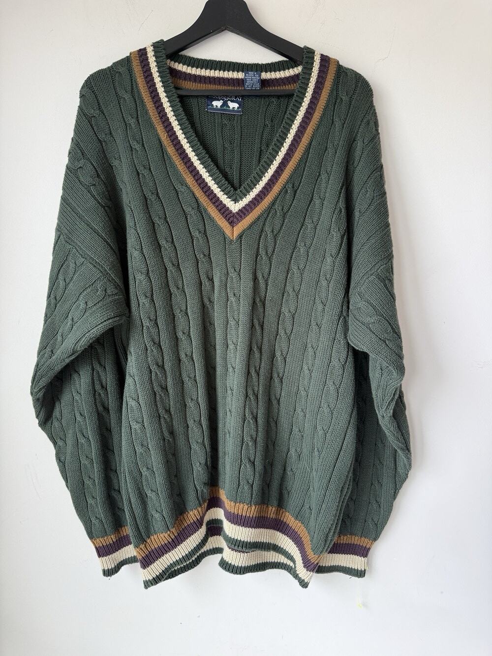 Vintage Woods & Gray Sweater Mens XL Green Cable Knit V-Neck 100% Cotton